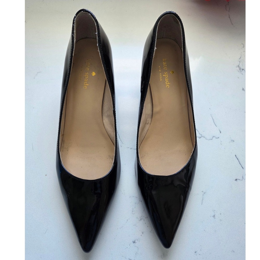 Kate Spade New York Black Patent Leather Pointed Toe Block Heel Pumps Sz 8.5 - Picture 2 of 7